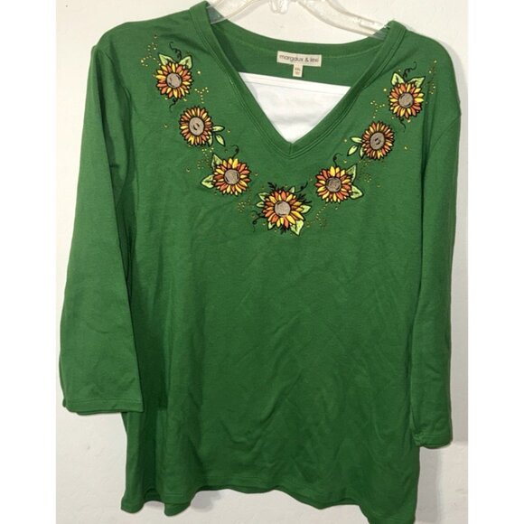 Margaux & Lexi Green Knit Pullover Blouse with Embroidered Sunflowers Size XXL - Picture 2 of 4